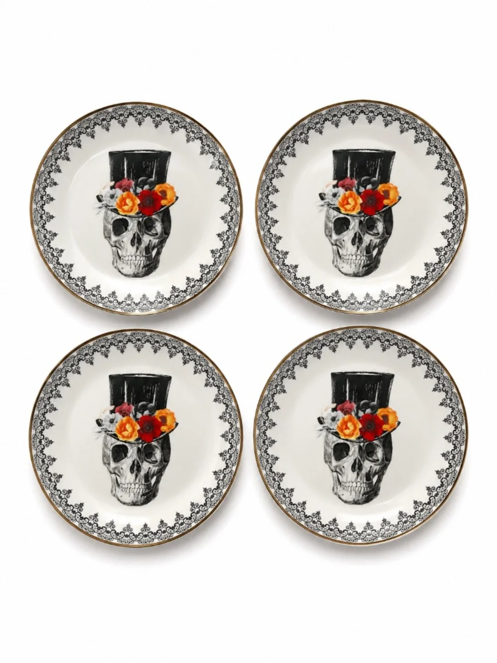 NIB Harvest Green Studio 4pc Halloween Skull Dinner Plates 10